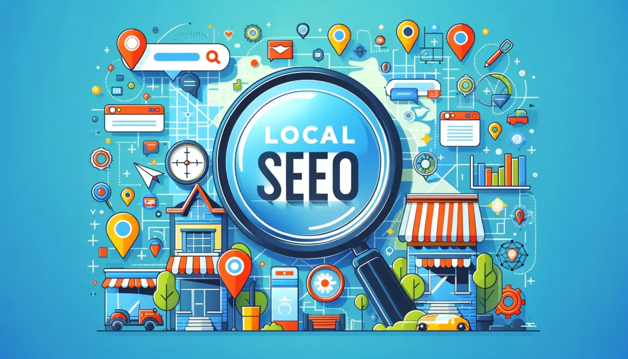 Representing Local SEO. elements like a detailed map of a city or region